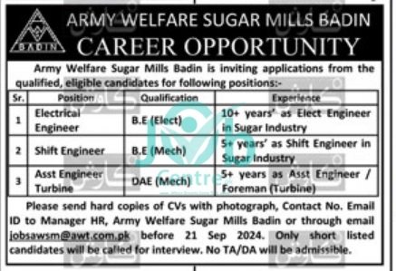 Army Welfare Sugar Mills Badin Jobs 2024 Advertisement