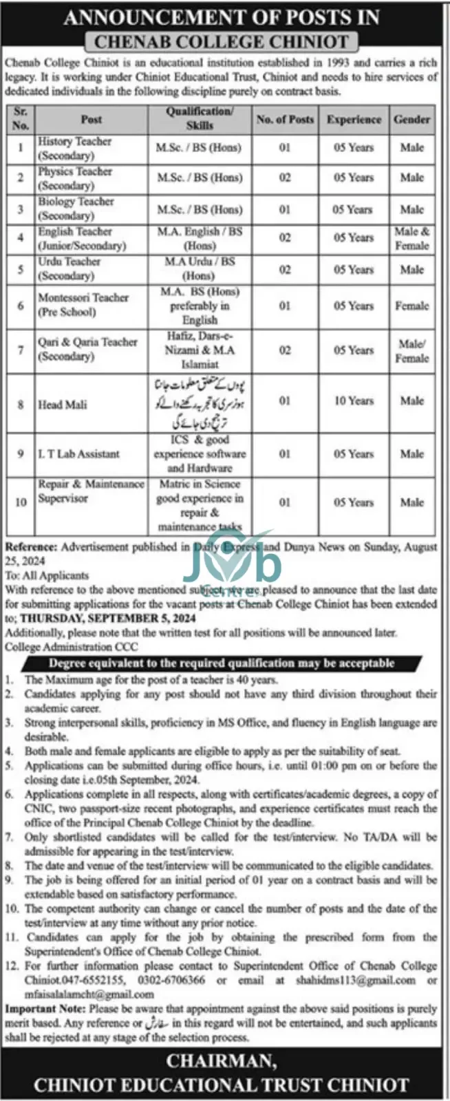  Chenab College Chiniot Jobs 2024 Advertisement