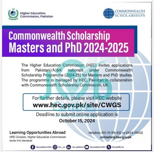 Commonwealth Scholarship for Masters and PhD Studies 2024-2025 Advertisement