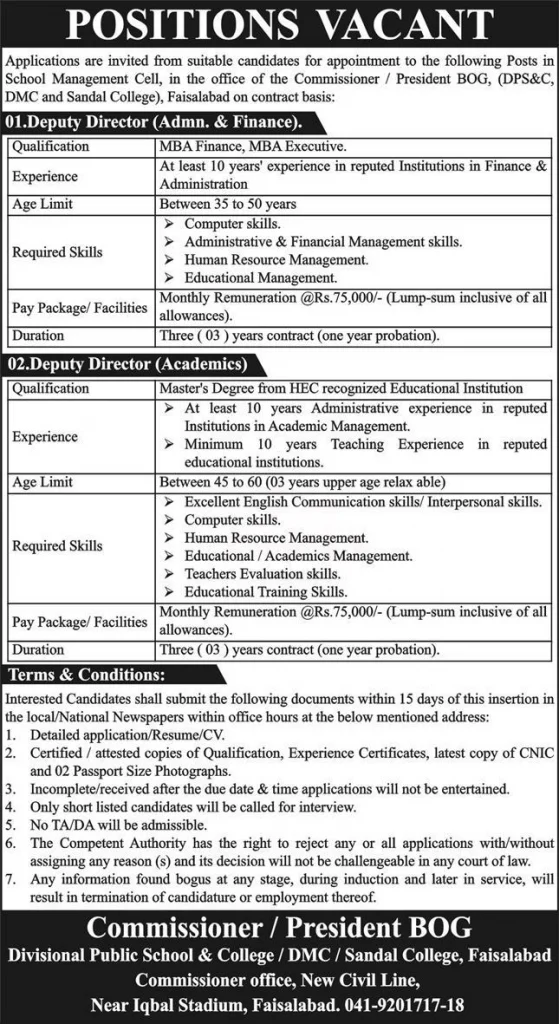 Divisional Public School and College Faisalabad Jobs 2024 Advertisement