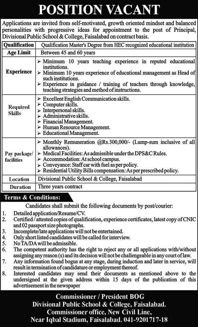 Divisional Public School and College Faisalabad Jobs 2024