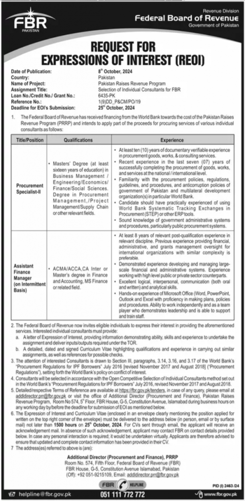 Federal Board of Revenue FBR jobs 2024 Advertisement