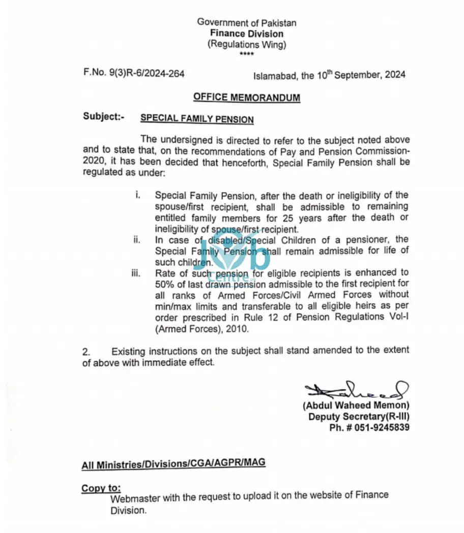 Finance Division Special Family Pension Notification 2024