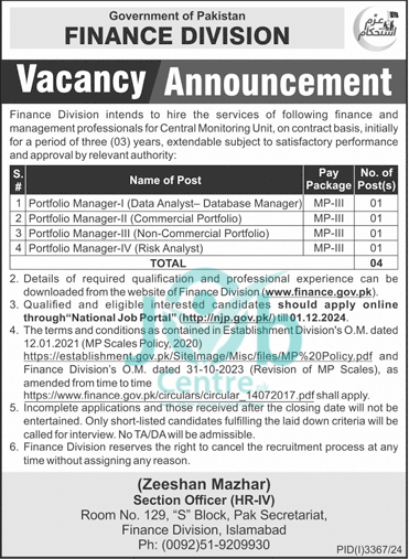 Government of Pakistan Finance Division Islamabad Jobs 2024 Advertisement