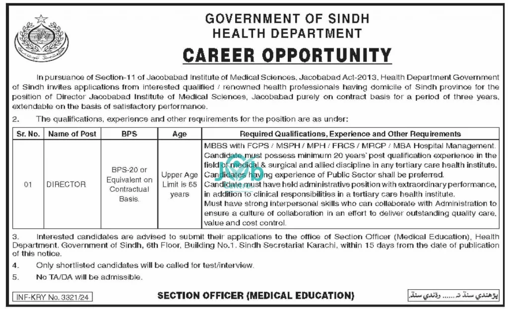 Health Department Sindh Jobs 2024 Advertisement