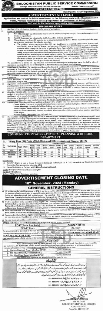 Latest BPSC Jobs advertisement no 142024 Advertisement