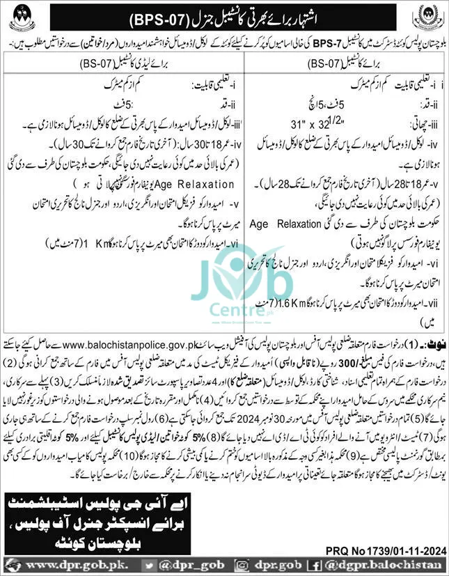  Balochistan Police Lady Constable Jobs 2024 Advertisement