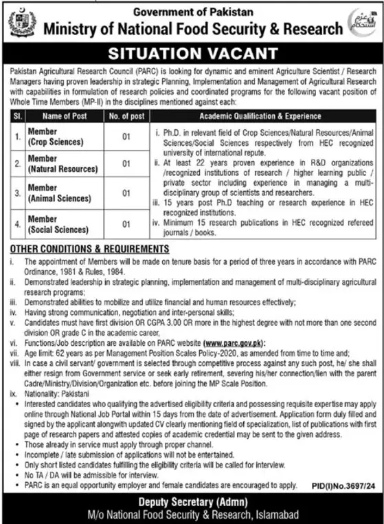 Ministry of National Food Security & Research Jobs 2024 Advertisement