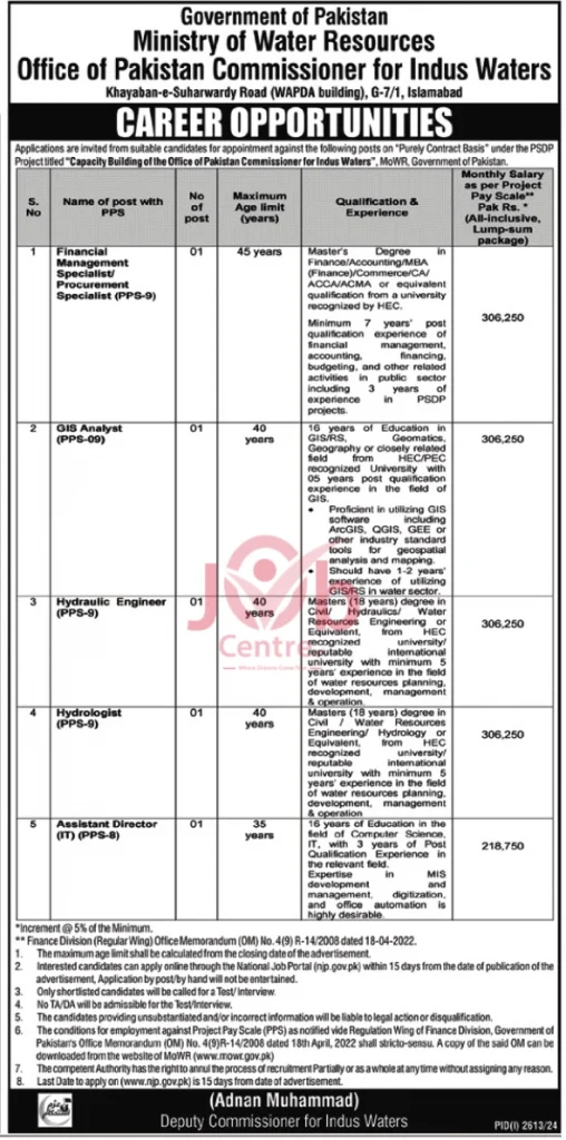 Ministry of Water Resources Office of Pakistan Commissioner for Indus Water Jobs 2024 Advertisement