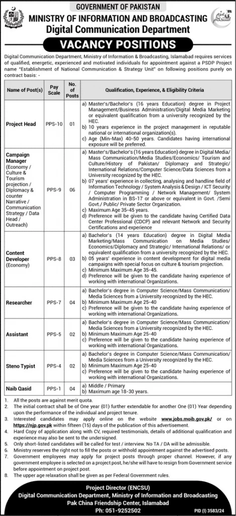 Ministry of Information and Broadcasting MOIB Jobs 2024 Advertisement