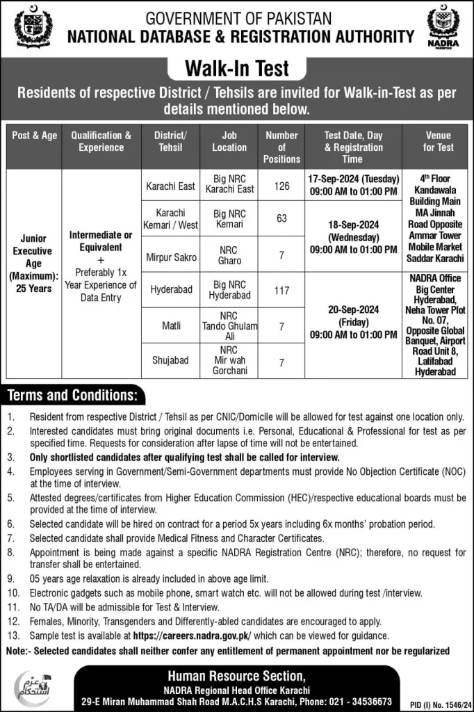  NADRA Junior Executive Jobs 2024 Advertisement