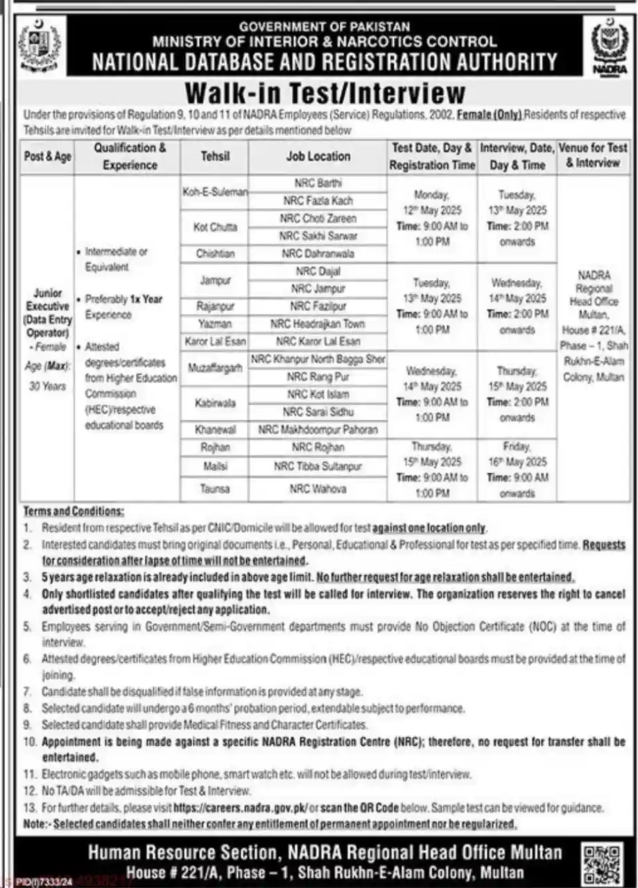 NADRA Multan Jobs 2025 Latest Advertisement