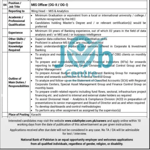 NBP MIS Officers Jobs 2024 Advertisement