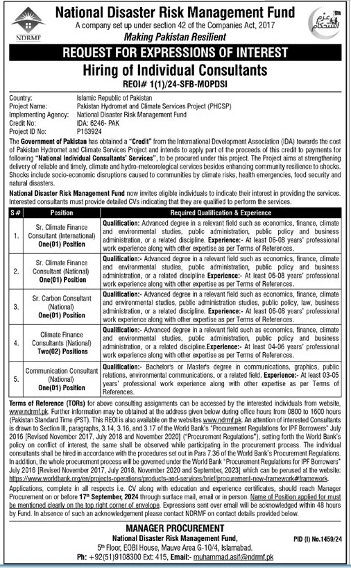 NDRMF Consultants Jobs 2024 Advertisement