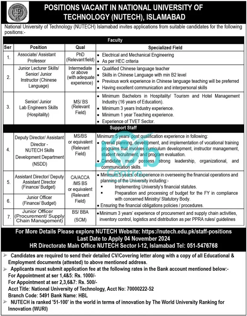 National University Of Technology NUTECH Jobs 2024 Advertisement