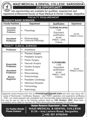 Niazi Medical & Dental College NMDC Sargodha Jobs 2024 Advertisement