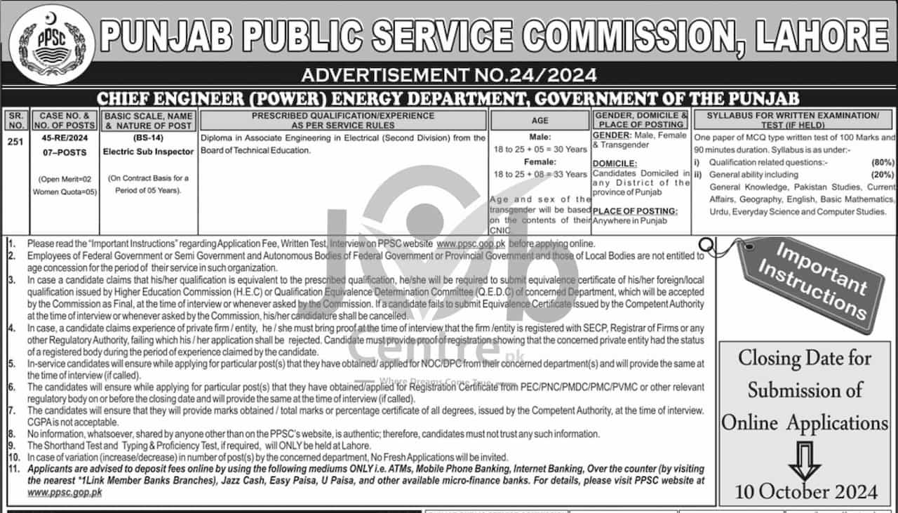 PPSC Electric Sub Inspector Jobs 2024 Advertisement