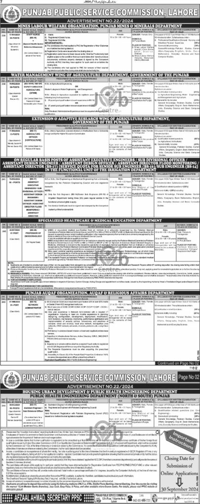 PPSC Jobs Advertisement No.22 2024 Advertisement 