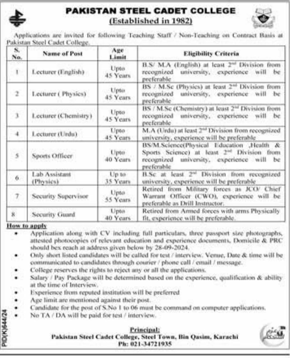 Pakistan Steel Cadet College Jobs 2024