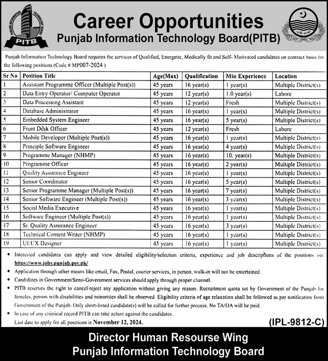 Punjab Information Technology Board PITB Jobs 2024 Advertisement