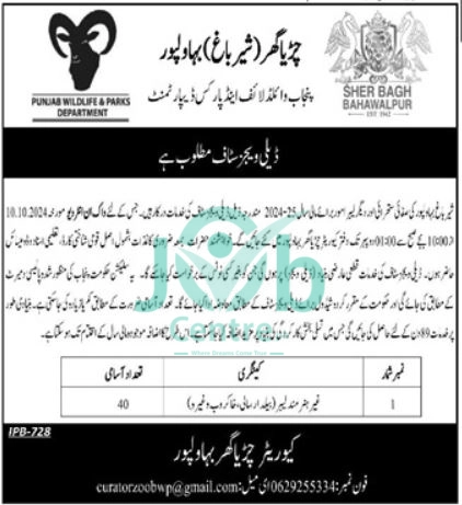 Punjab Wildlife & Parks Department Bahawalpur Jobs 2024 Advertisement