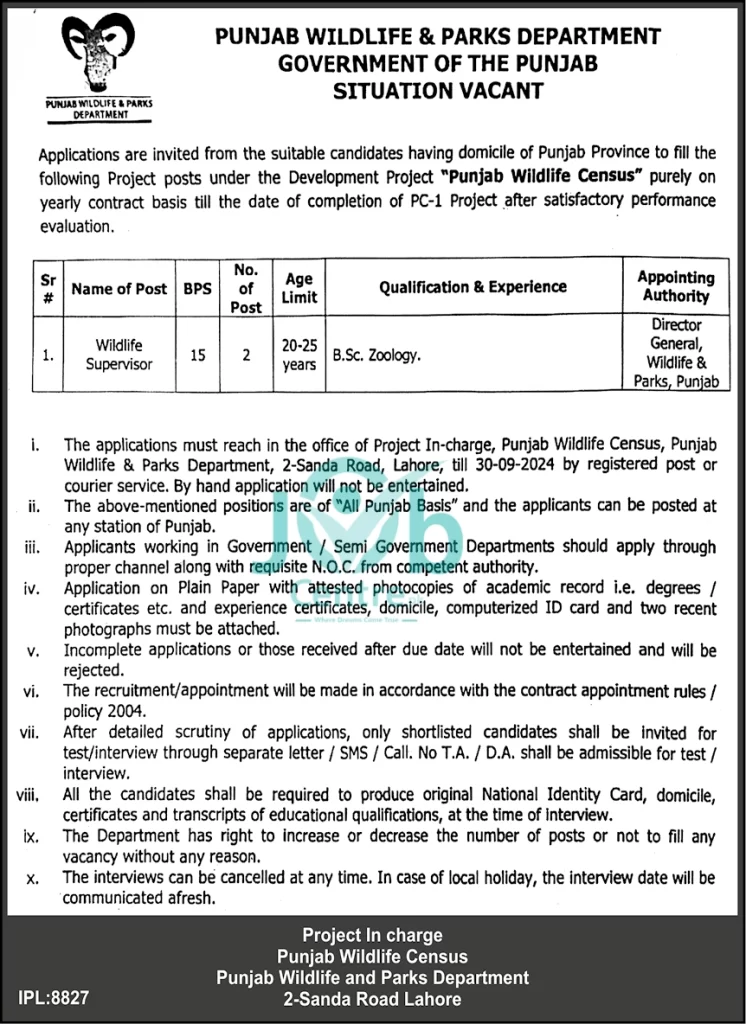 Punjab Wildlife & Parks Department Jobs 2024 Advertisement