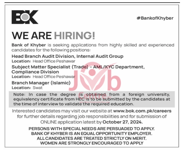 The Bank Of Khyber BOK Jobs 2024 Advertisement