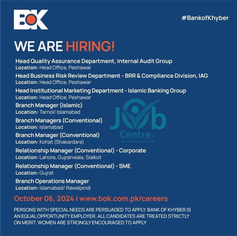 The Bank Of Khyber BOK Jobs 2024 Advertisement