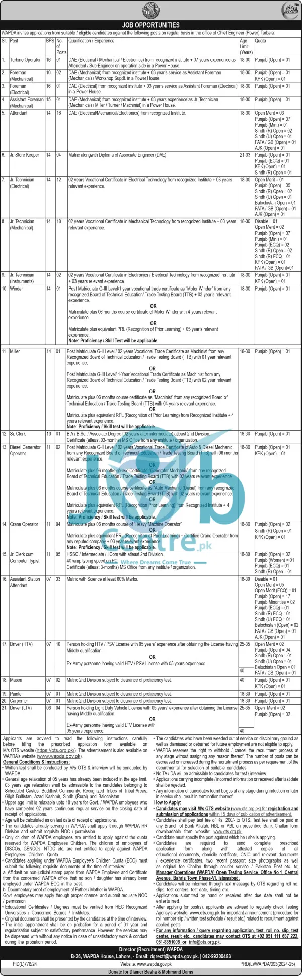 Today OTS WAPDA Jobs September 2024 Advertisement