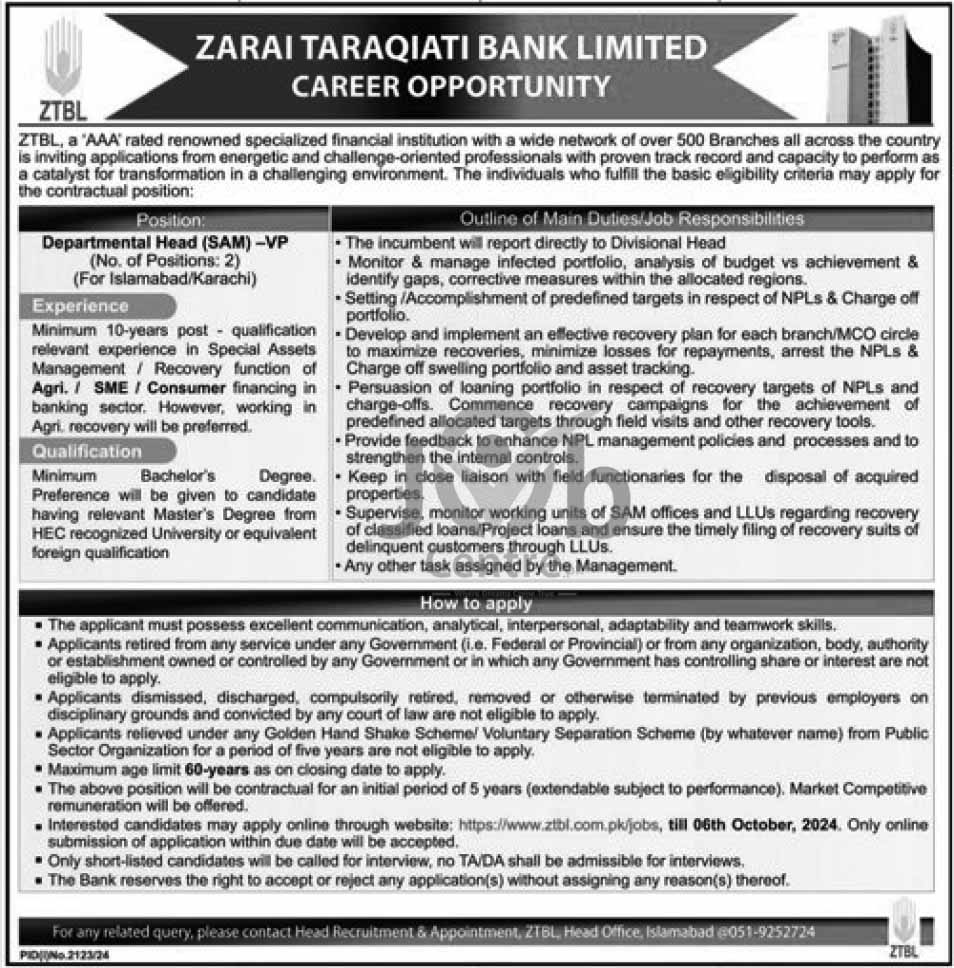 Zarai Taraqiati Bank Limited ZTBL Jobs 2024 Advertisement