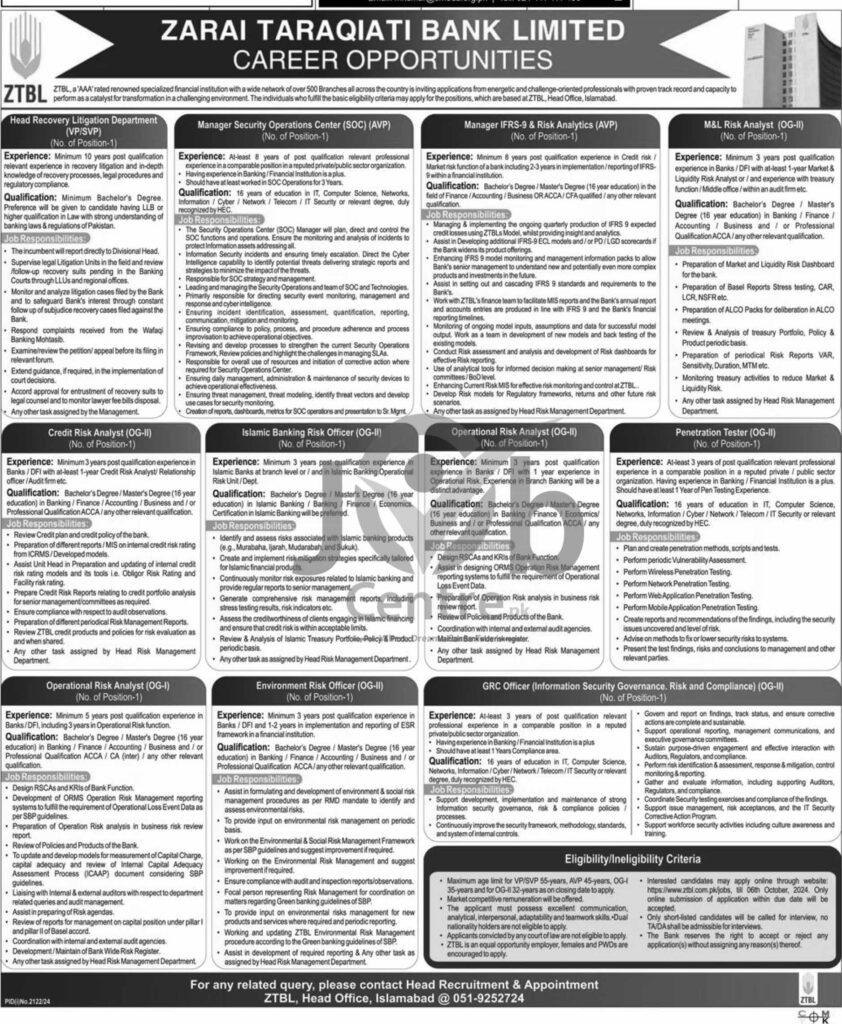 Zarai Taraqiati Bank Limited ZTBL Jobs 2024 Advertisement