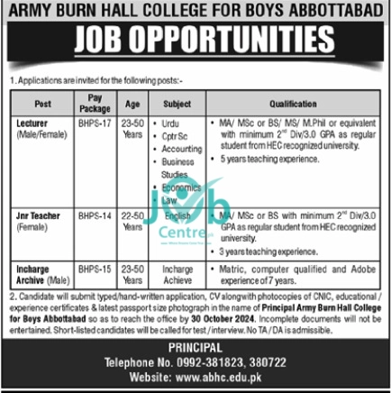  Army Burn Hall College for Boys Abbottabad Jobs 2024 Advertisement