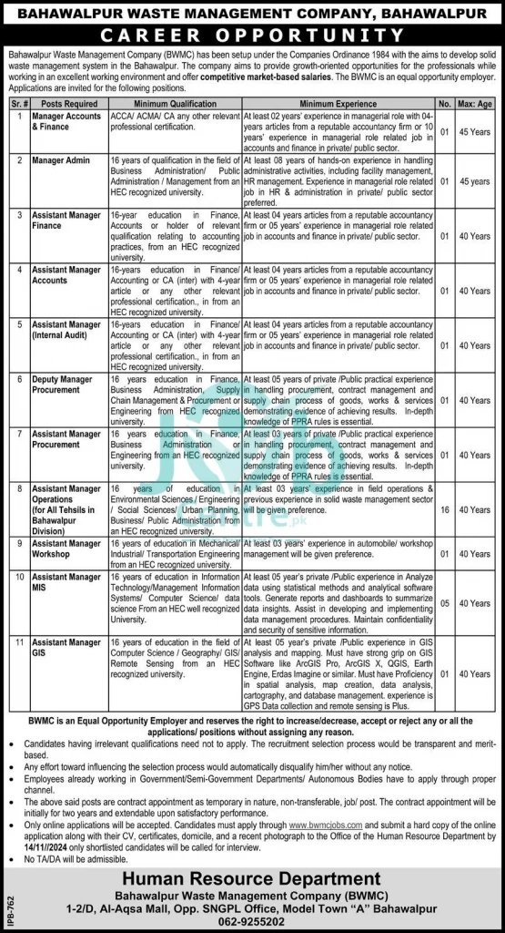 Bahawalpur Waste Management Company BWMC Jobs 2024 Advertisement