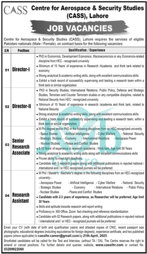 CASS Lahore Jobs 2025 Latest Advertisement