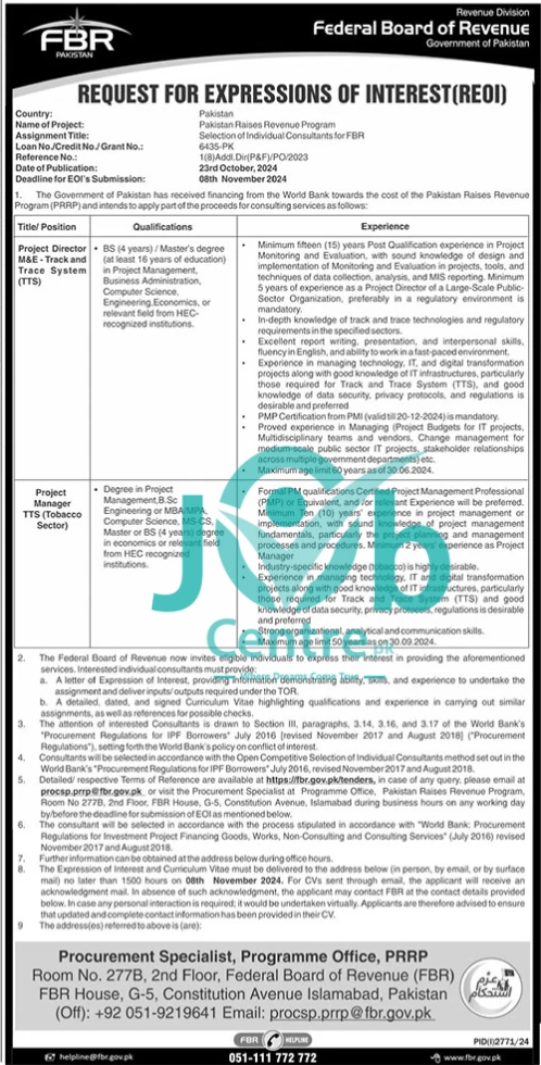 Federal Board of Revenue FBR jobs 2024 Advertisement