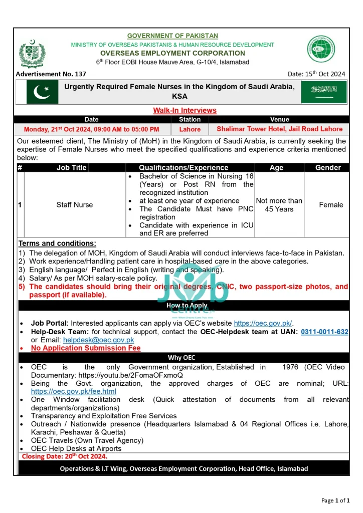 Female Nurses OEC Saudi Arabia Jobs 2024 Advertisement