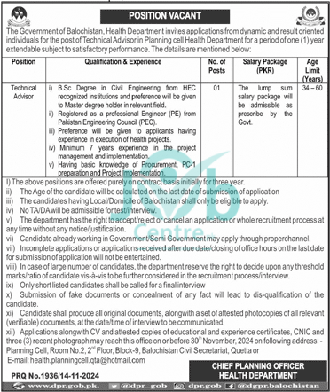 Health Department Balochistan Jobs 2024 Advertisement