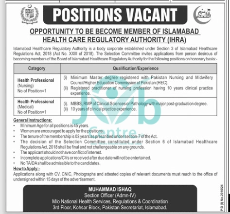 Islamabad Health Care Regulatory Authority IHRA Jobs 2024 Advertisement