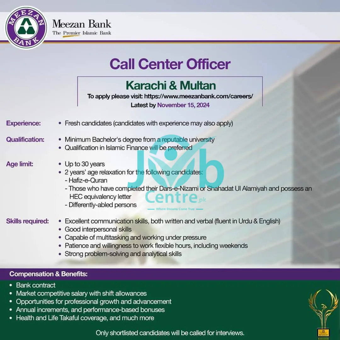 Latest Meezan Bank Call Center Officers Jobs 2024 Advertisement