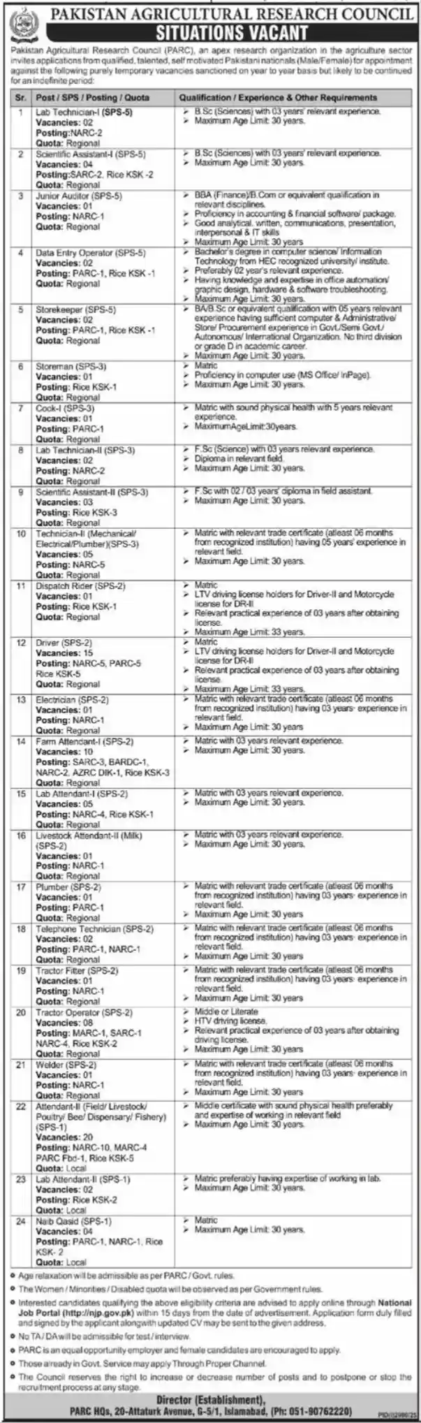 Pakistan Agriculture Research Council PARC Jobs 2025 Advertisement