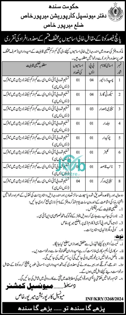 Municipal Corporation Mirpurkhas Sindh Jobs 2024 Advertisement