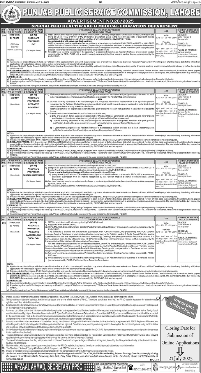 PPSC Jobs Advertisement No. 28 2025 Page # 01