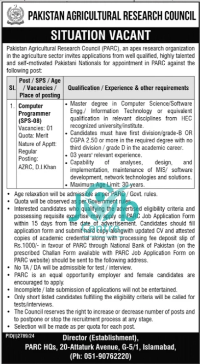 Pakistan Agriculture Research Council PARC Jobs 2024 Advertisement