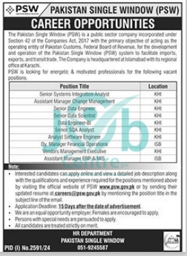 Pakistan Single Window PSW Jobs 2024 Advertisement