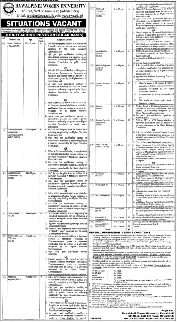 BPS-01 to BPS-20 Vacancies in Rawalpindi Women University Advertisement