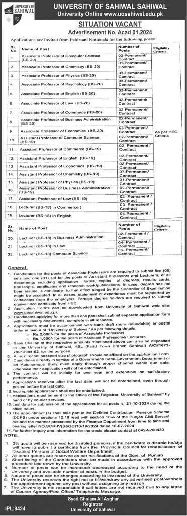 The University of Sahiwal Jobs 2024 Advertisement