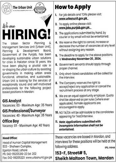 The Urban Unit Lahore Jobs 2024 announcement