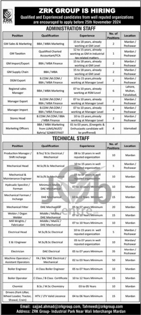 ZRK Group Jobs 2024 Advertisement