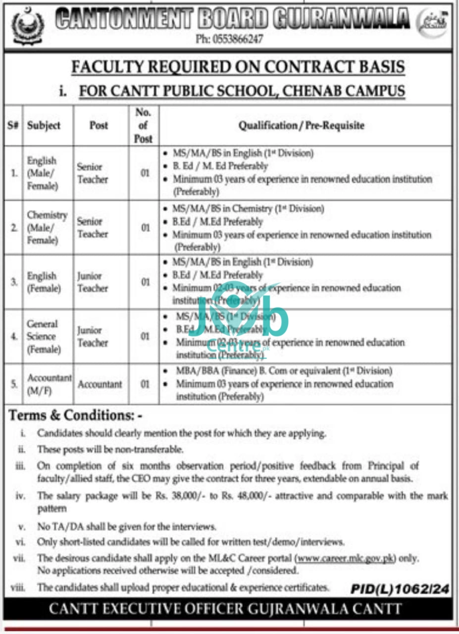 Cantt Public School Chenab Campus Jobs 2024 Advertisement