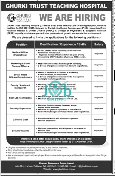 Ghurki Trust Teaching Hospital GTTH Jobs 2024 Advertisement